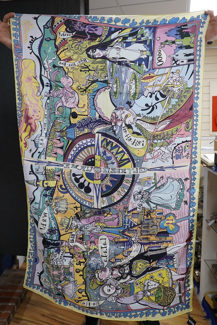 Grayson Perry, silk scarf, ‘Glyndebourne’, printed in Macclesfield with original label, Glyndebourne box and black tissue. Scarf 134cm x 67cm. Condition - scarf is in good condition, the box cover has broken has worn wit